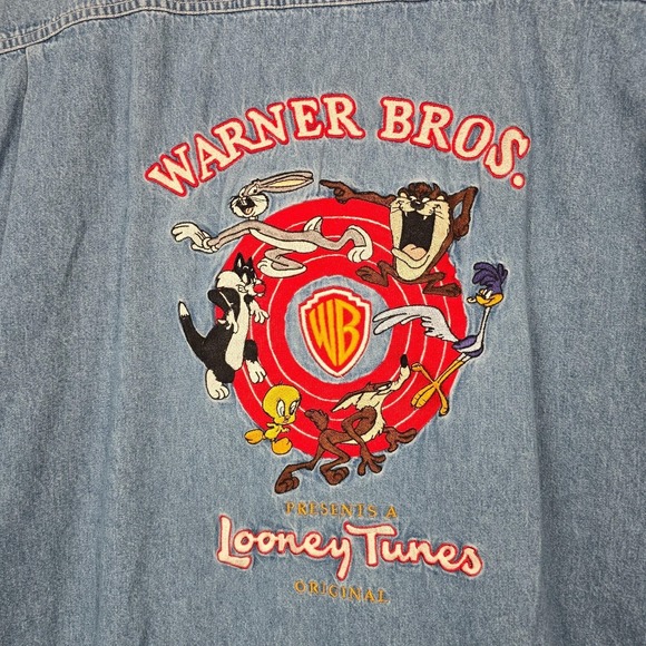 Vintage 90s Warner Bros Looney Tunes Men Embroidered Denim Vest Shirt XL Novelty - Picture 12 of 15